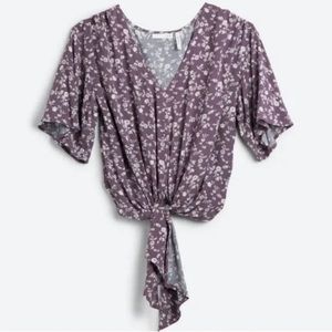 Floral Tie-Front Blouse - Lavender